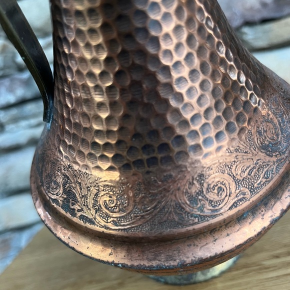 VTG Copper Ewer Brass Pedestal Hammered Etched Turkey Boho Pitcher India Decor - Picture 2 of 10